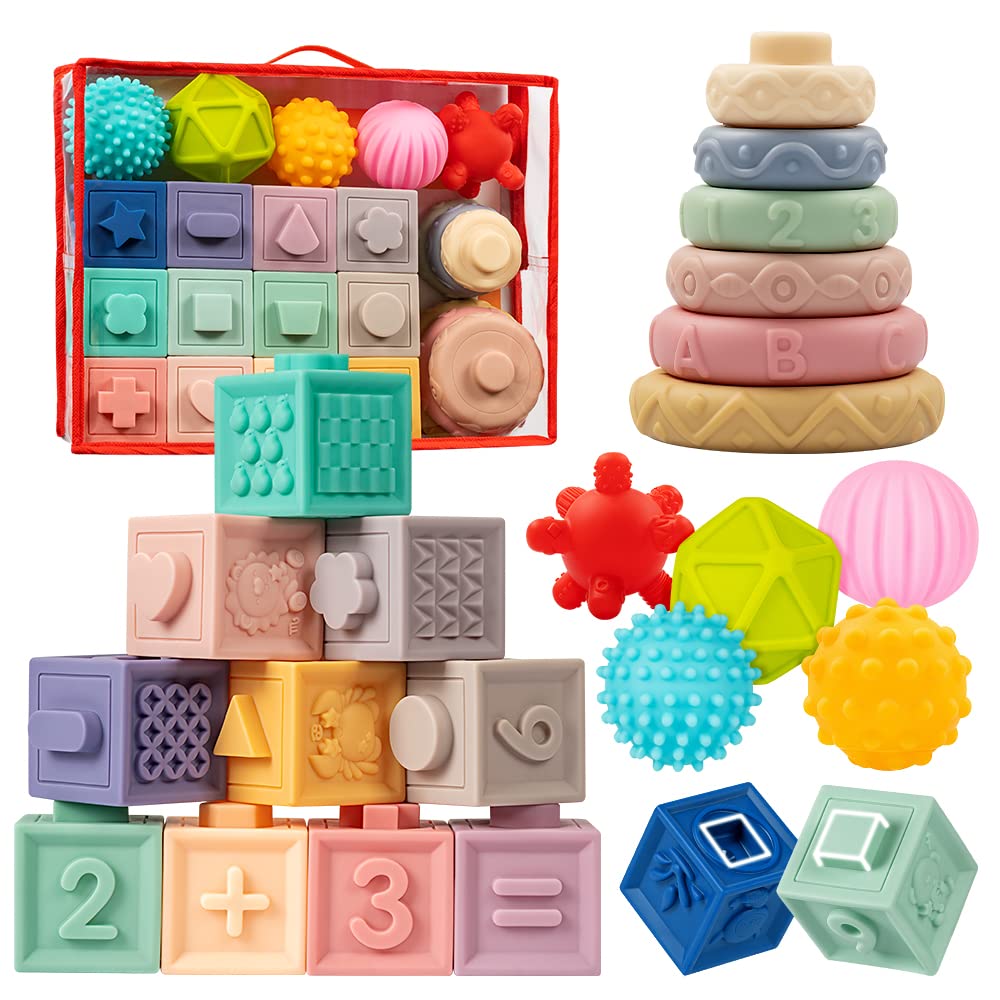 Jyusmile Baby Toys 6-12 Months – Montessori Blocks, Soft Teethers & Sensory Balls