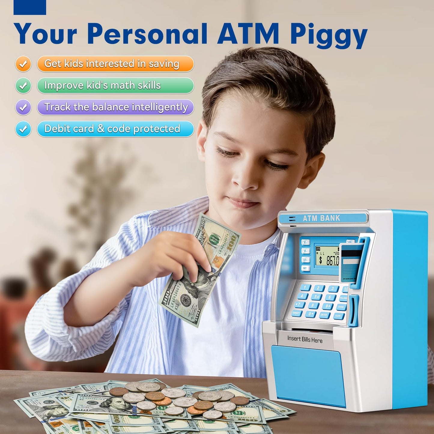 Jyusmile Blue Piggy Bank ATM for Kids – Real Money Savings with Debit Card & Balance Tracker