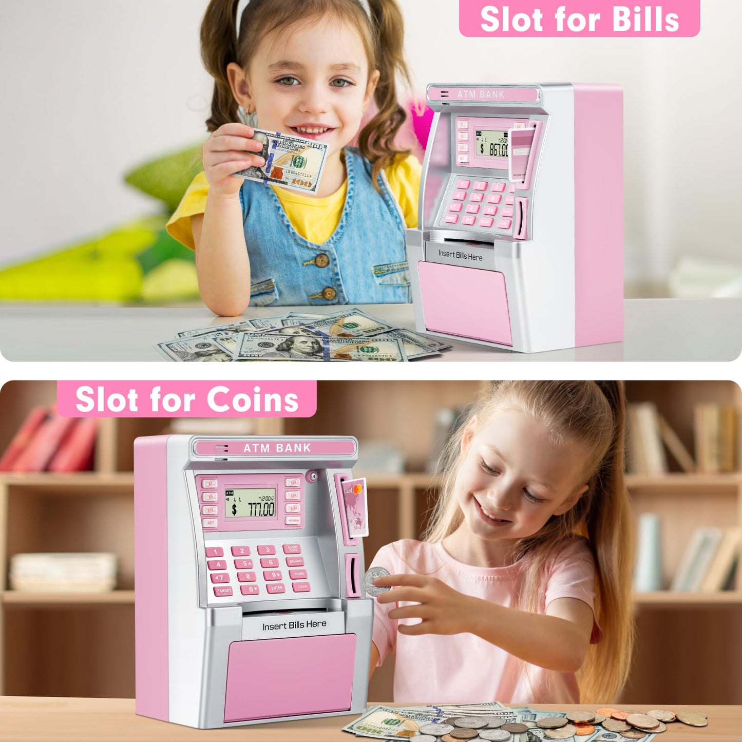 Jyusmile Pink Piggy Bank ATM — Real Money Savings with Debit Card & Balance Calculator