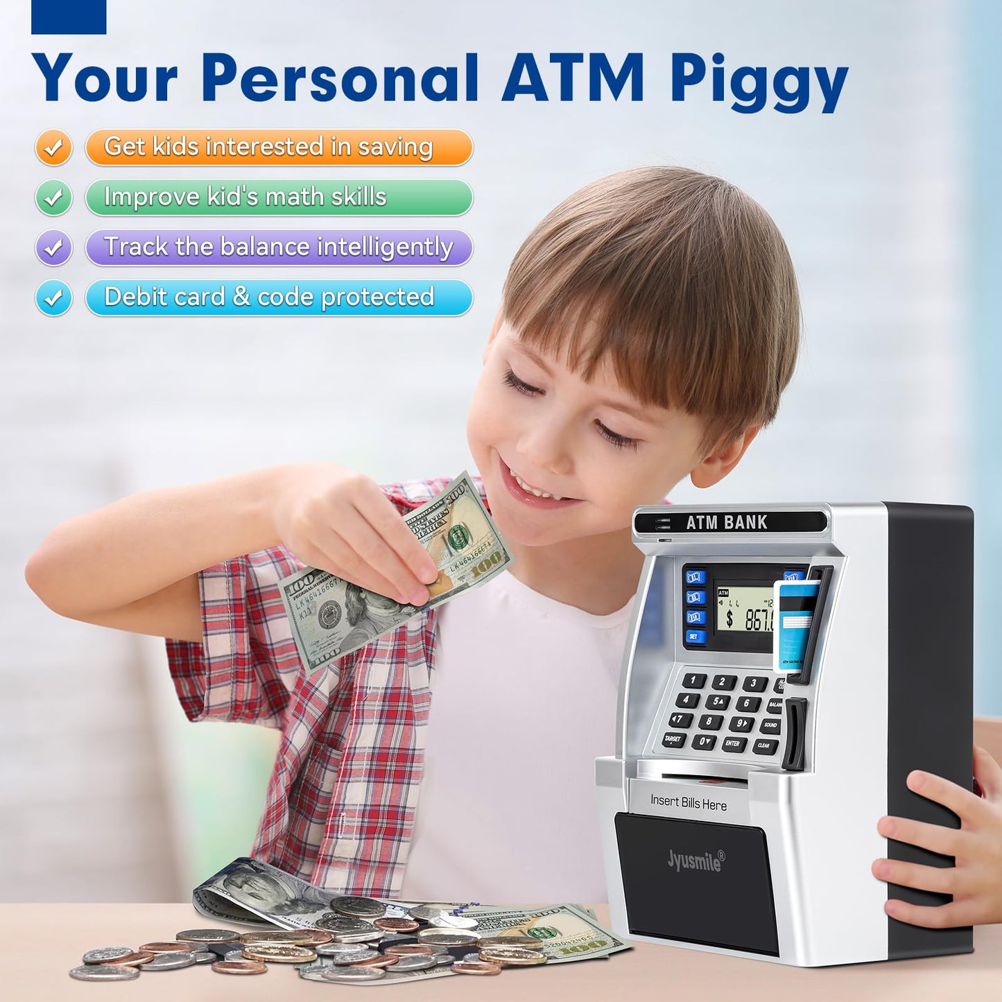 Jyusmile ATM Piggy Bank for Kids – Real Money Savings with Debit Card