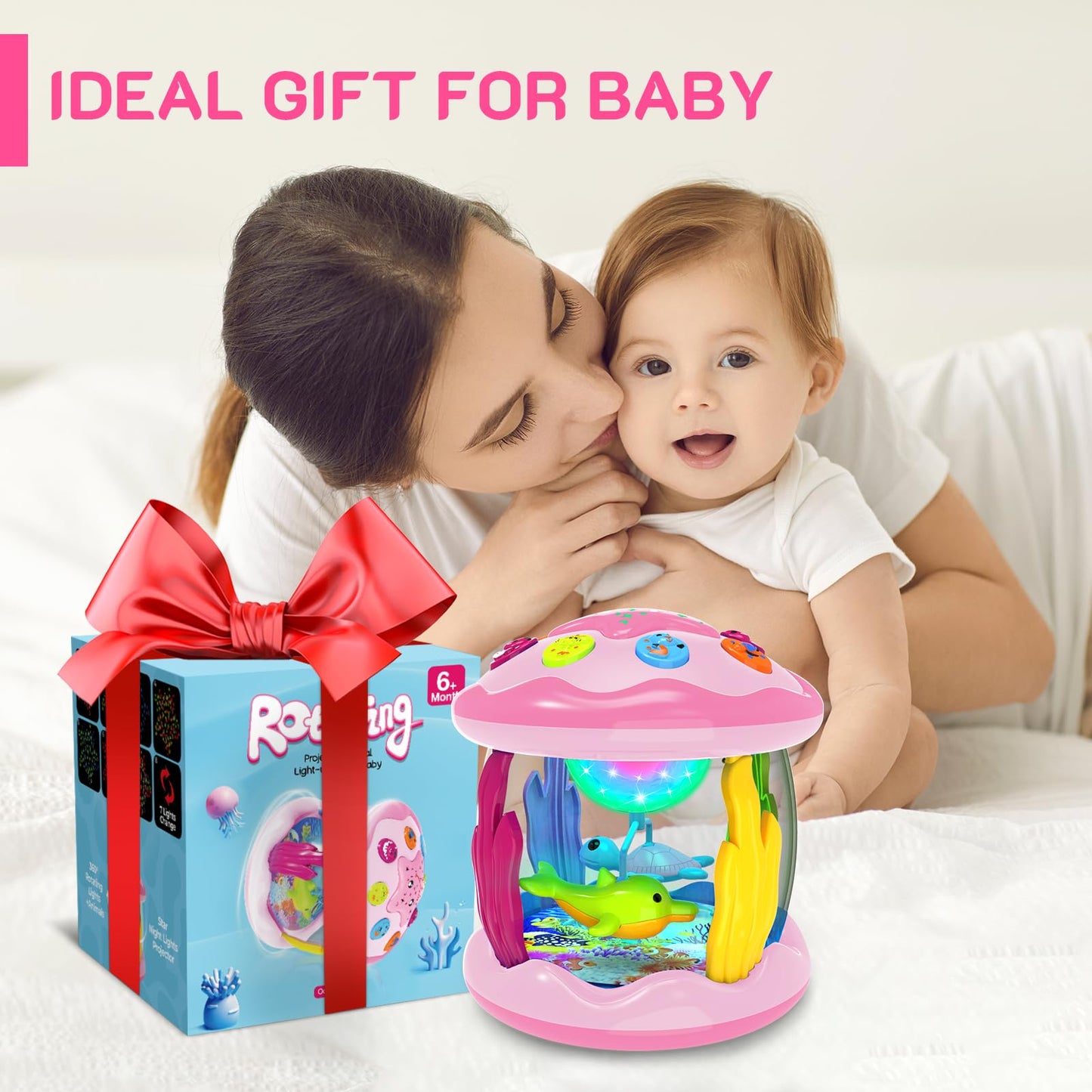Jyusmile Baby Toys 6-12 Months – Musical Light-Up Rotating Ocean Projector (Pink)