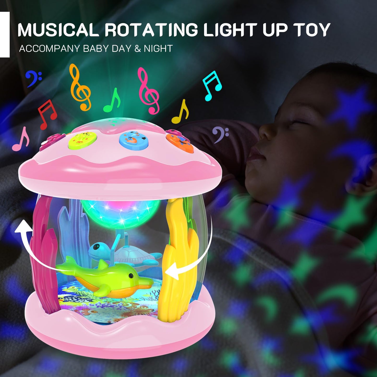 Jyusmile Baby Toys 6-12 Months – Musical Light-Up Rotating Ocean Projector (Pink)