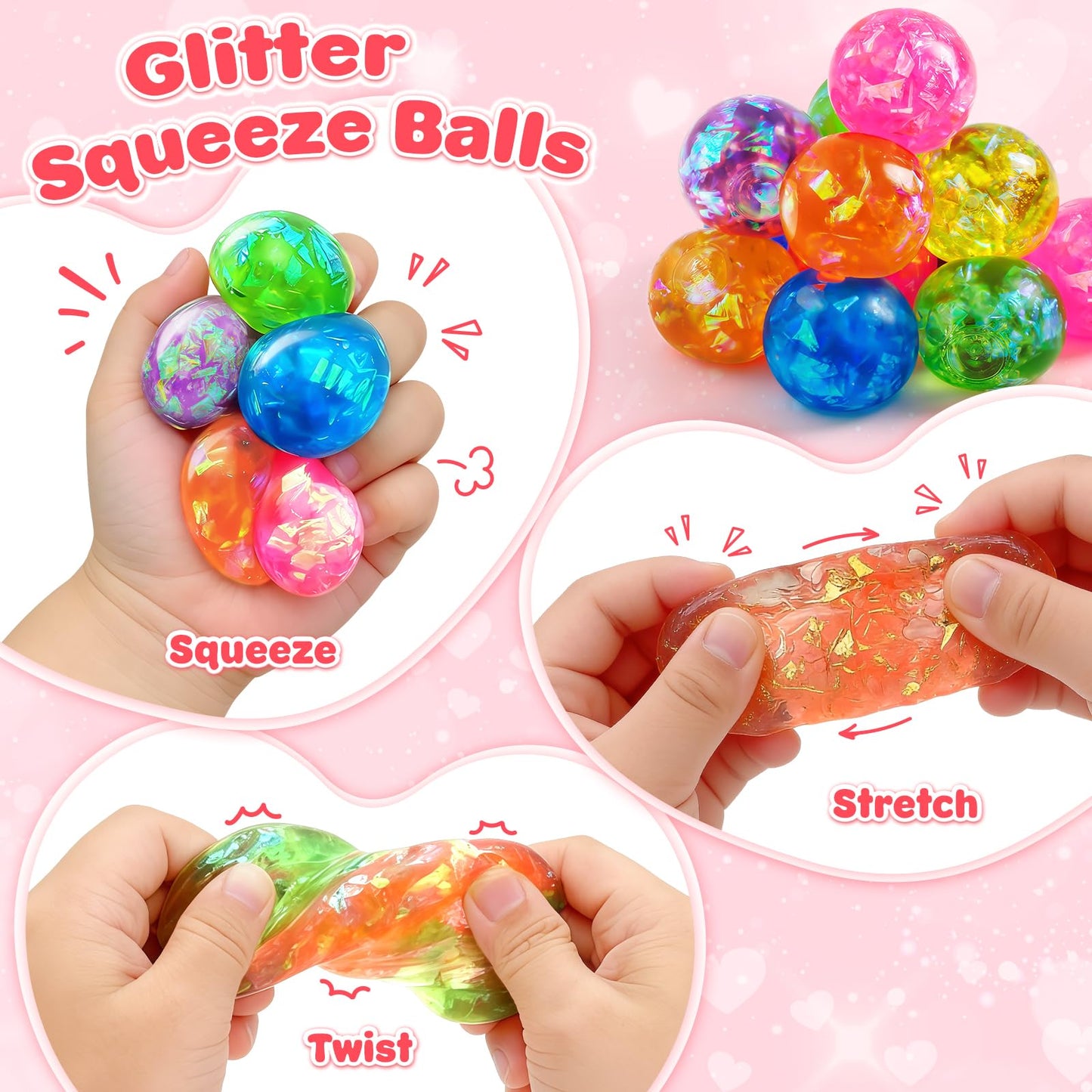 Jyusmile Valentines Day Cards for Kids School - 24 Glitter Stress Balls & Card Gift Pack