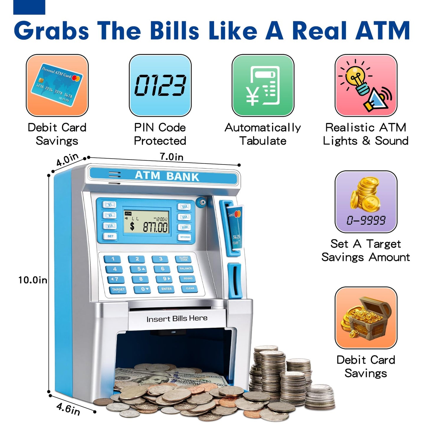 Jyusmile Blue Piggy Bank ATM for Kids – Real Money Savings with Debit Card & Balance Tracker