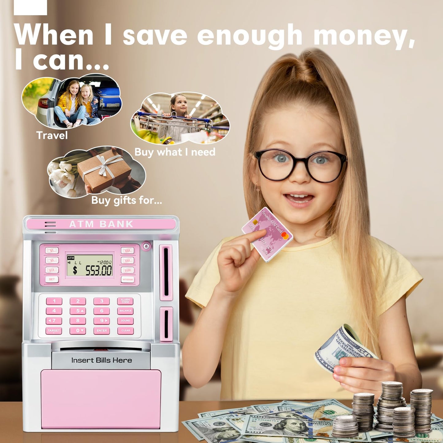 Jyusmile Pink Piggy Bank ATM — Real Money Savings with Debit Card & Balance Calculator