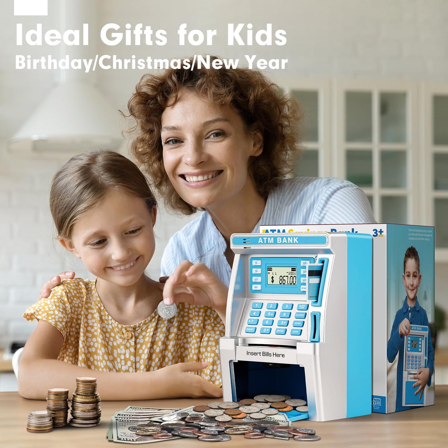 Jyusmile Blue Piggy Bank ATM for Kids – Real Money Savings with Debit Card & Balance Tracker