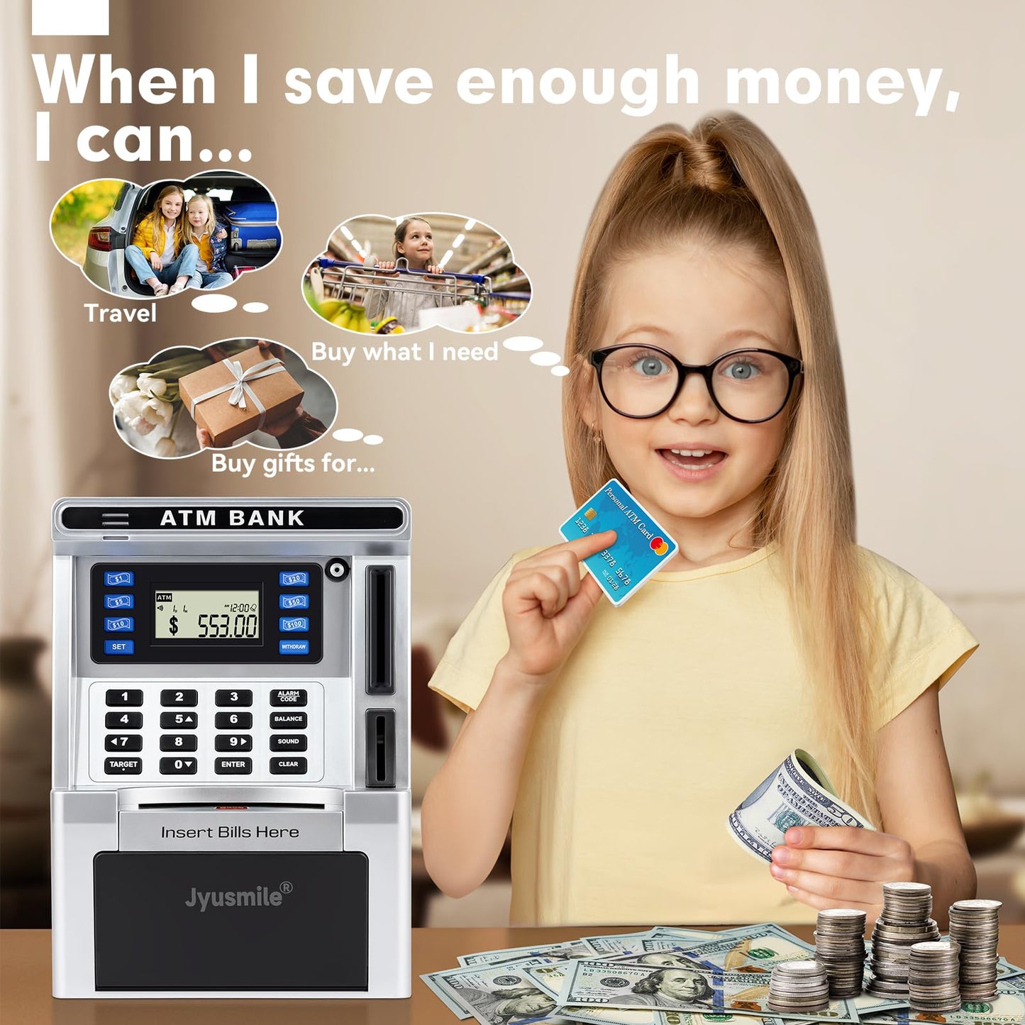Jyusmile ATM Piggy Bank for Kids – Real Money Savings with Debit Card