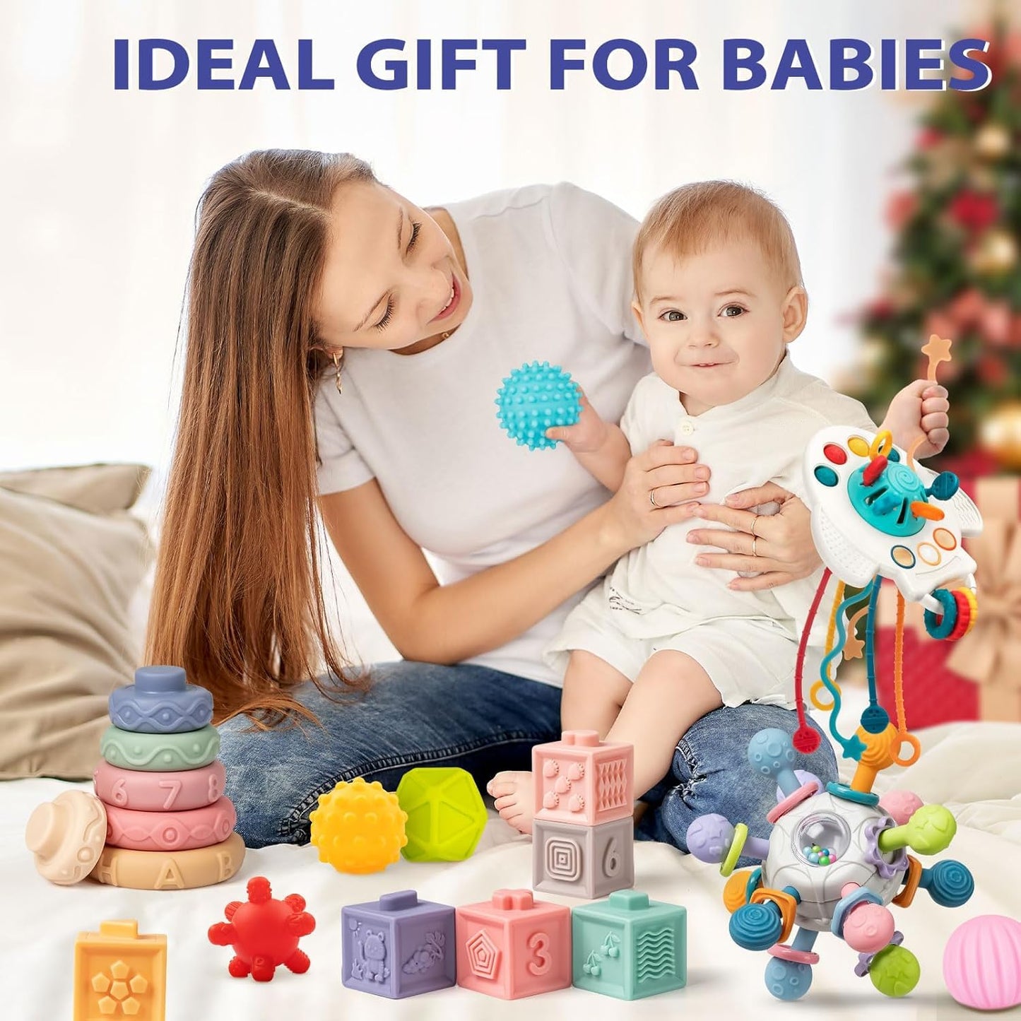 Jyusmile 5-in-1 Montessori Baby Toys (6–12 Months) – Travel Pull String, Rattle Teether & Blocks