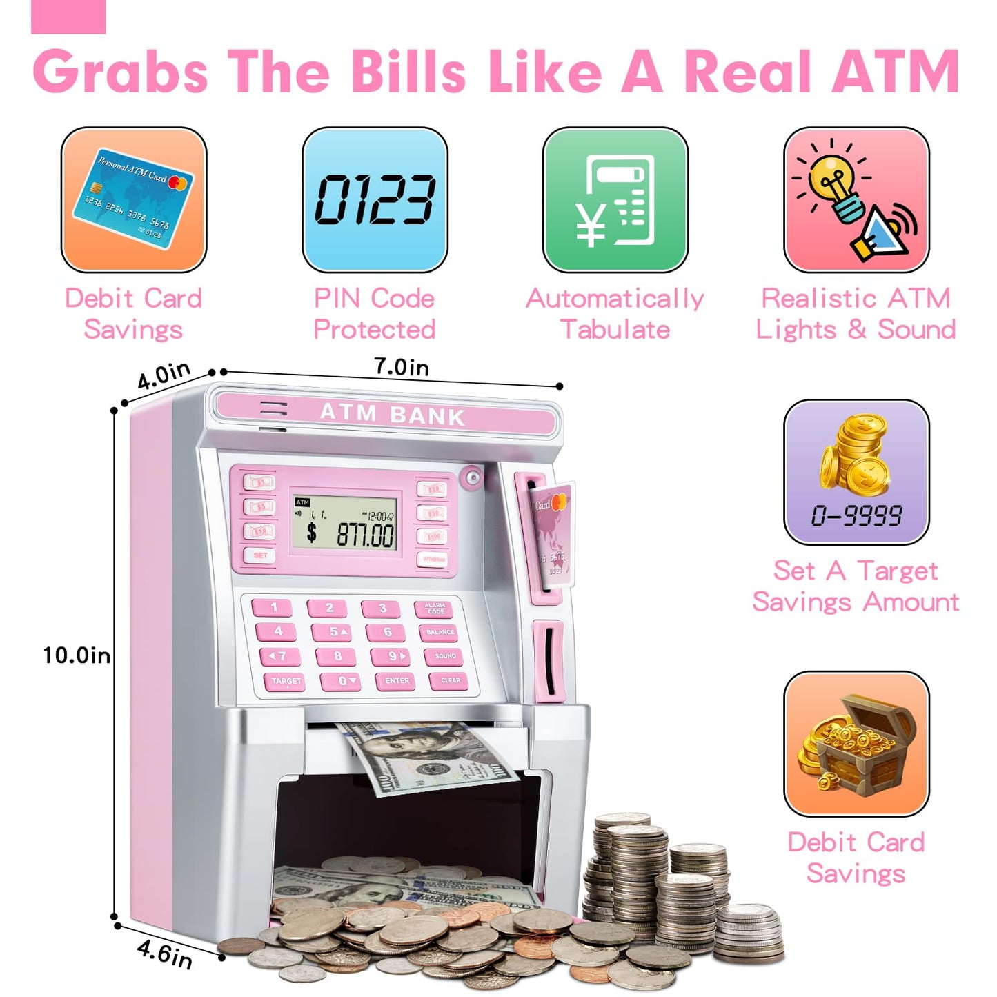 Jyusmile Pink Piggy Bank ATM — Real Money Savings with Debit Card & Balance Calculator