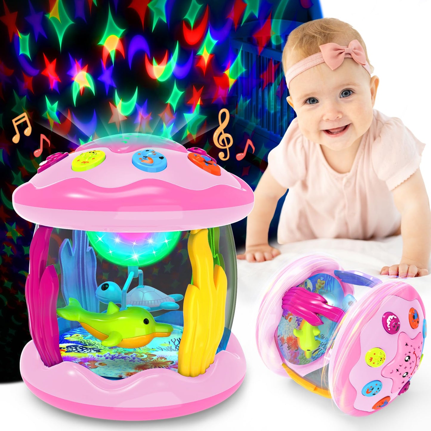 Jyusmile Baby Toys 6-12 Months – Musical Light-Up Rotating Ocean Projector (Pink)