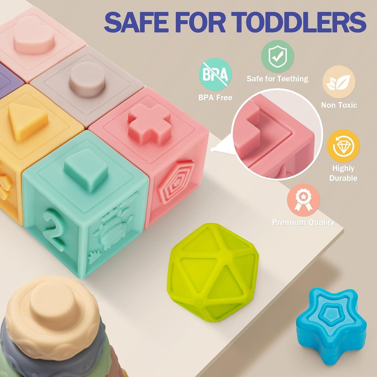 Jyusmile 5-in-1 Montessori Baby Toys (6–12 Months) – Travel Pull String, Rattle Teether & Blocks