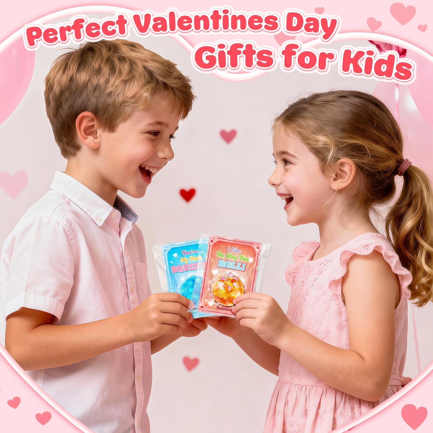 Jyusmile Valentines Day Cards for Kids School - 24 Glitter Stress Balls & Card Gift Pack