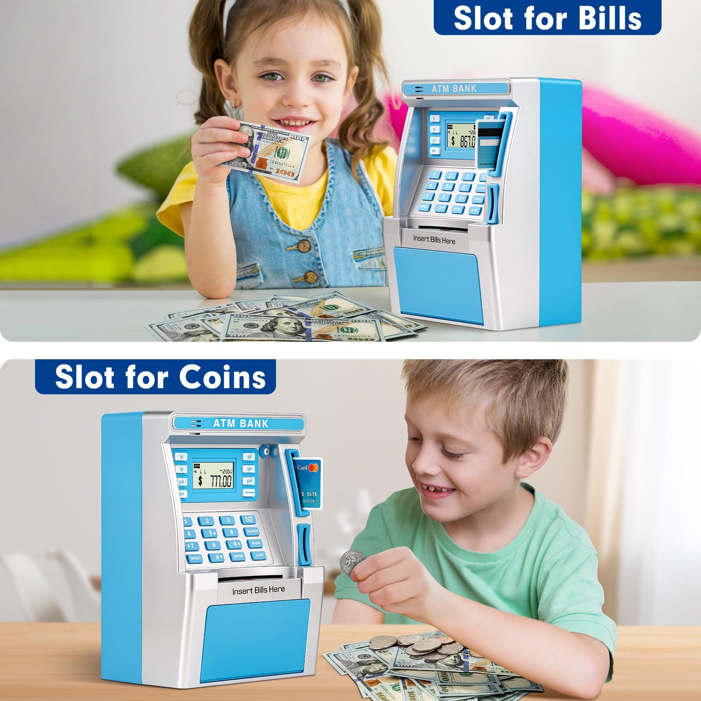 Jyusmile Blue Piggy Bank ATM for Kids – Real Money Savings with Debit Card & Balance Tracker