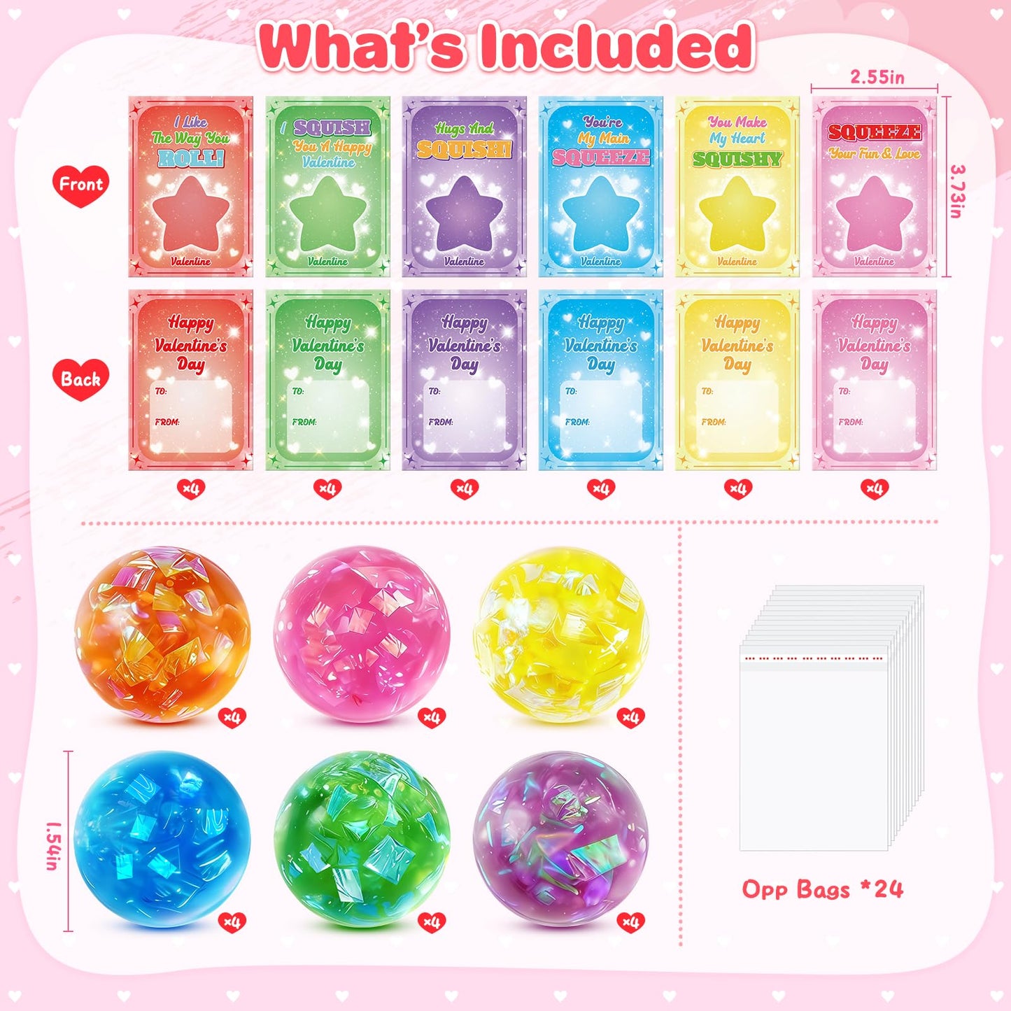 Jyusmile Valentines Day Cards for Kids School - 24 Glitter Stress Balls & Card Gift Pack