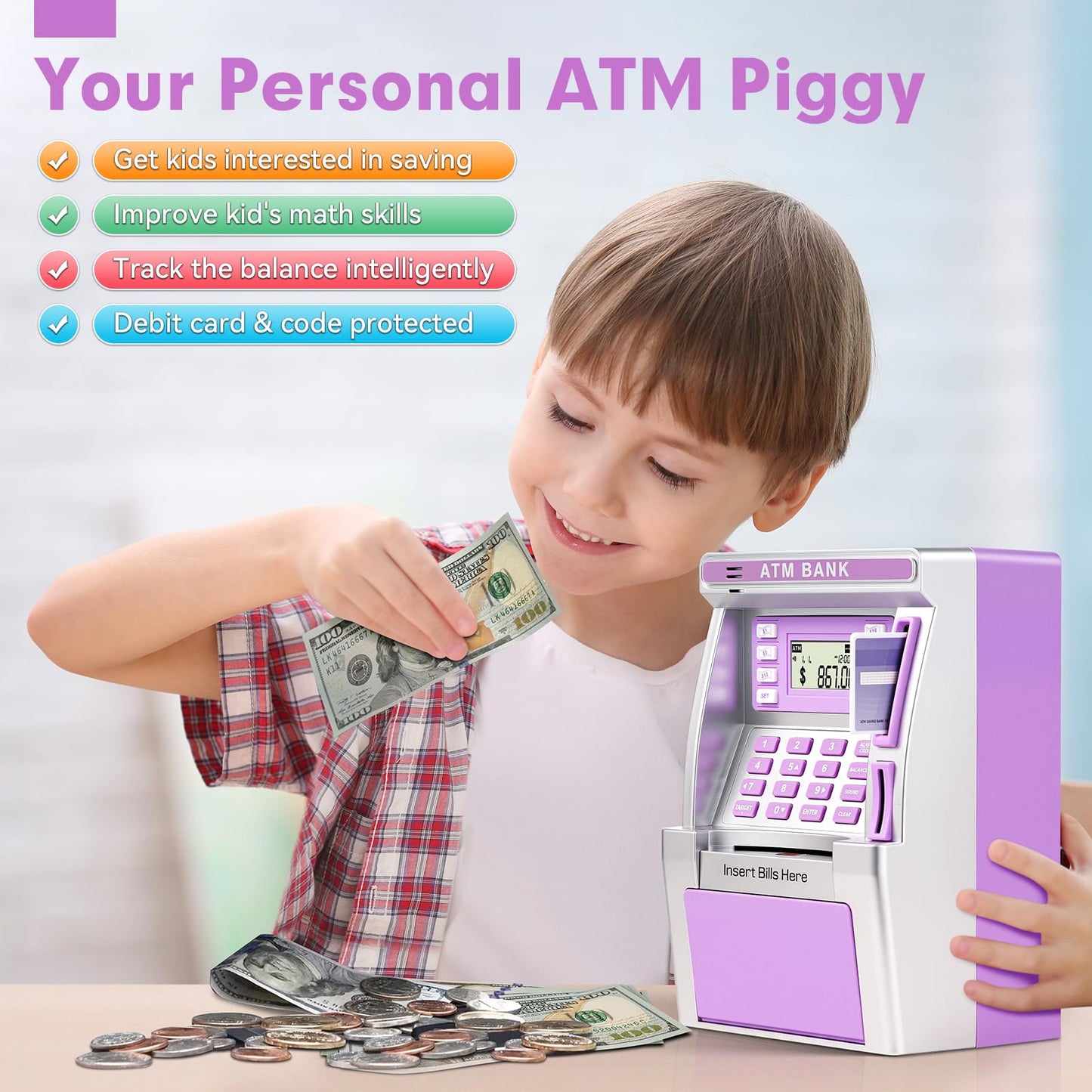 Jyusmile Purple Piggy Bank ATM with Debit Card & Balance Calculator