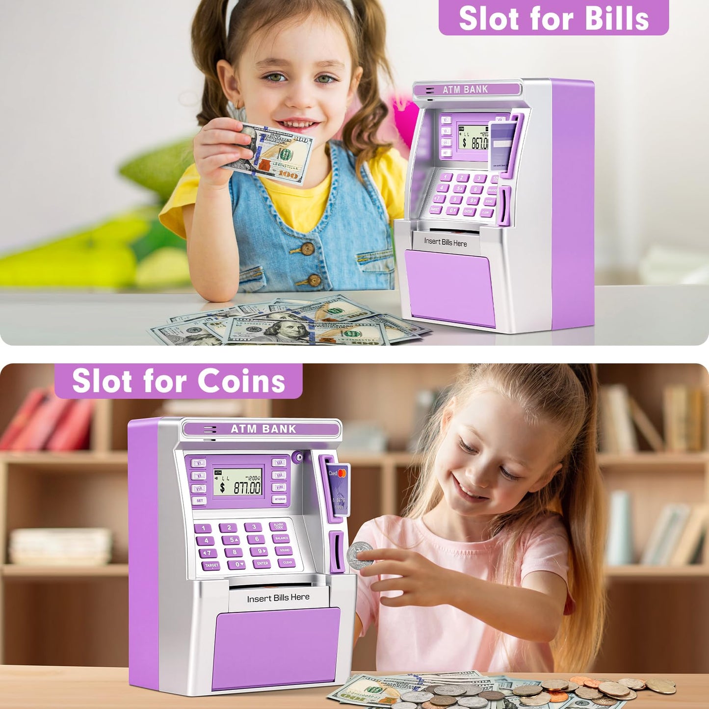 Jyusmile Purple Piggy Bank ATM with Debit Card & Balance Calculator
