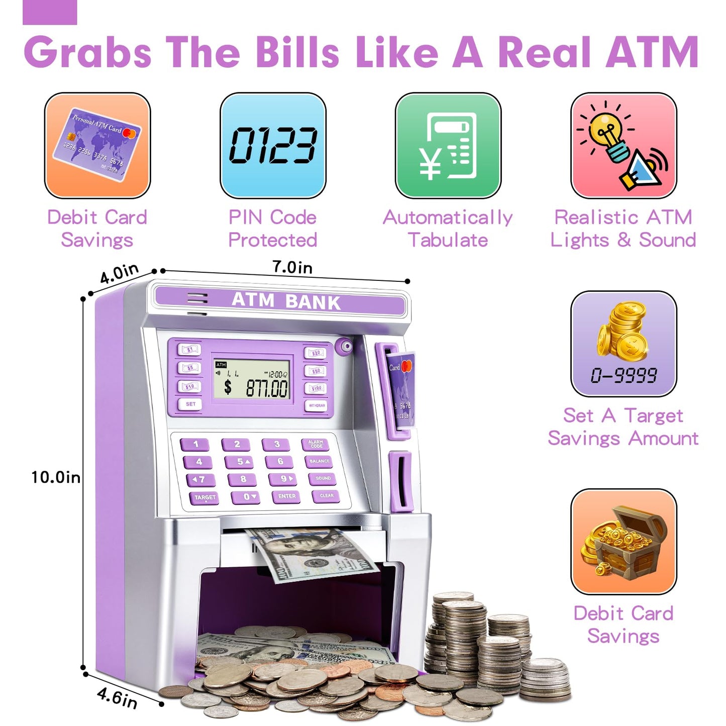 Jyusmile Purple Piggy Bank ATM with Debit Card & Balance Calculator