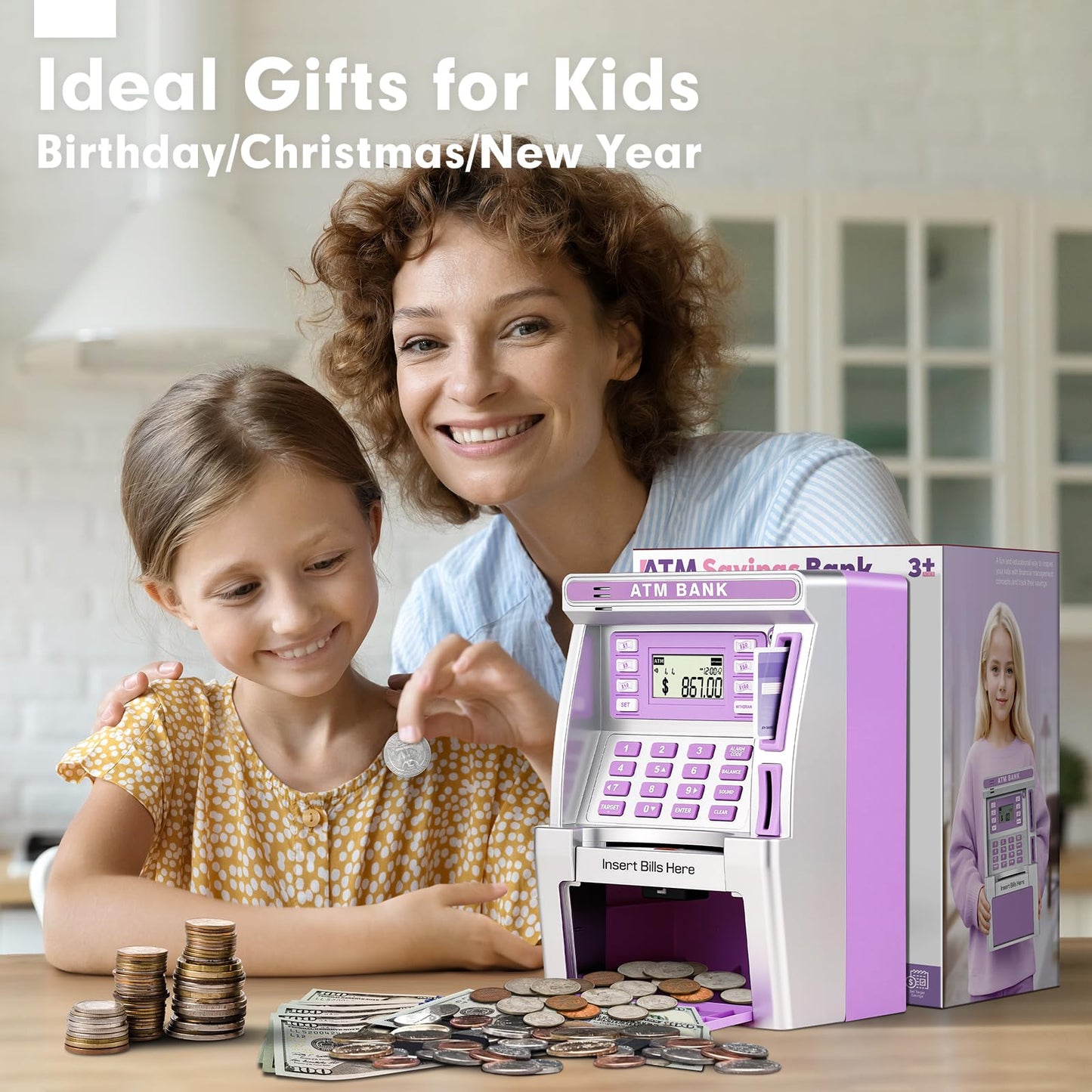 Jyusmile Purple Piggy Bank ATM with Debit Card & Balance Calculator