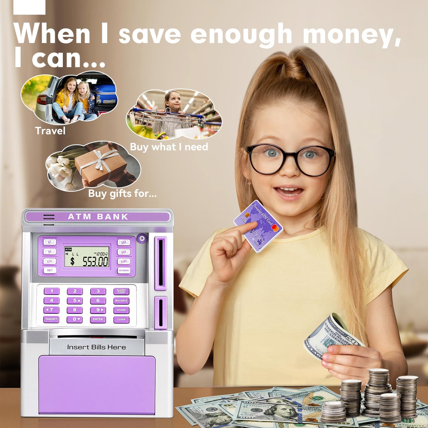 Jyusmile Purple Piggy Bank ATM with Debit Card & Balance Calculator
