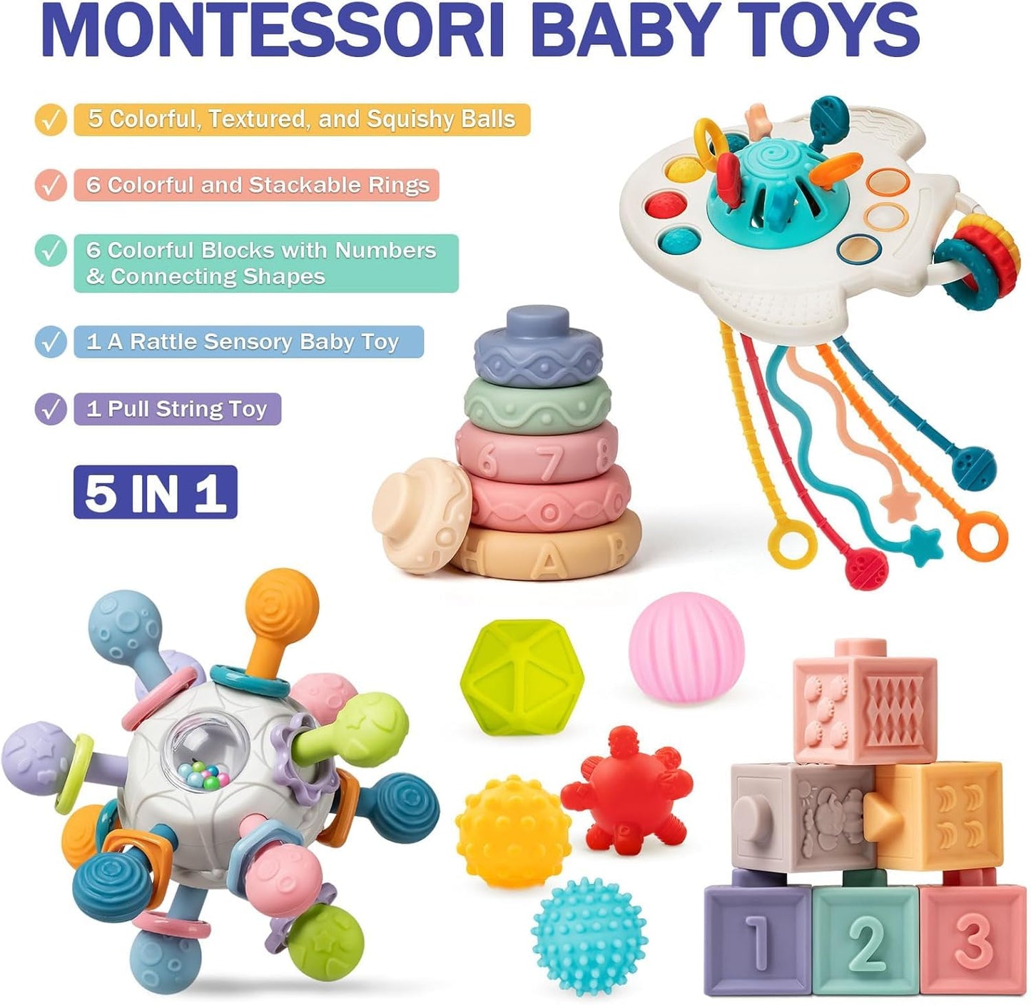 Jyusmile 5-in-1 Montessori Baby Toys (6–12 Months) – Travel Pull String, Rattle Teether & Blocks