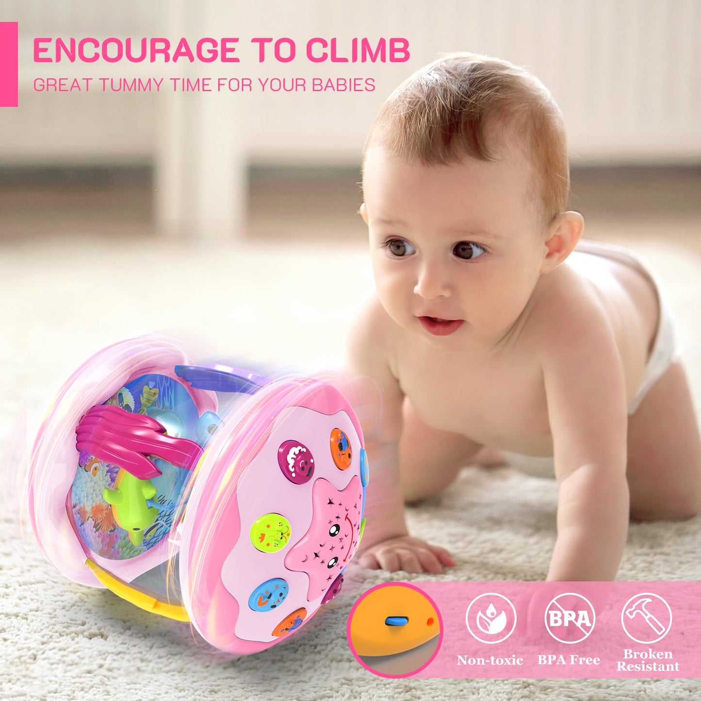 Jyusmile Baby Toys 6-12 Months – Musical Light-Up Rotating Ocean Projector (Pink)