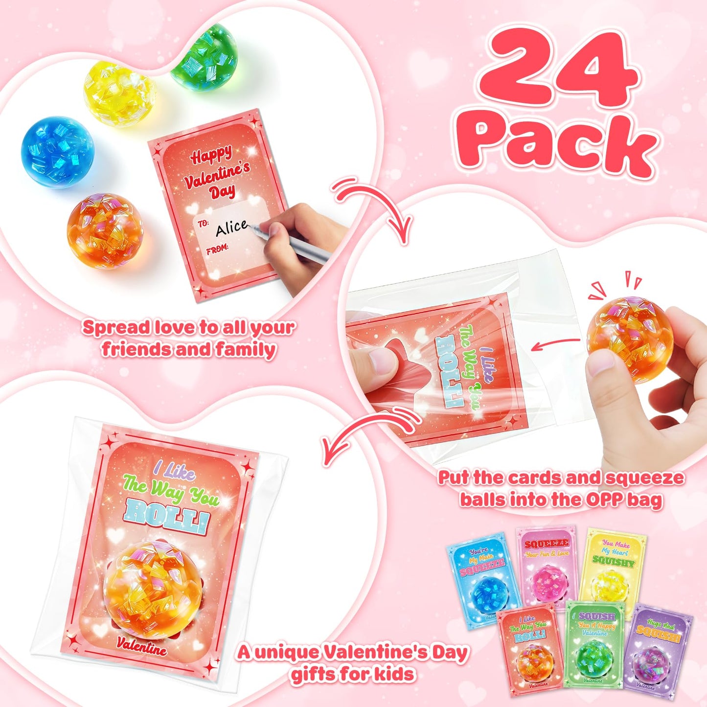 Jyusmile Valentines Day Cards for Kids School - 24 Glitter Stress Balls & Card Gift Pack
