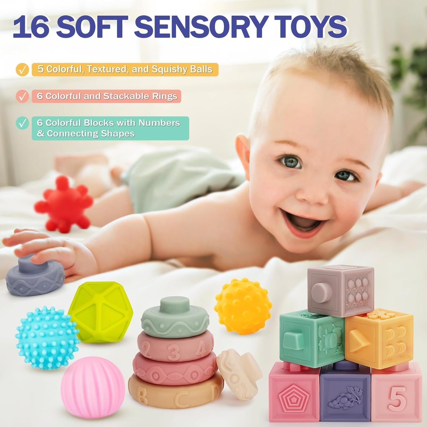 Jyusmile 5-in-1 Montessori Baby Toys (6–12 Months) – Travel Pull String, Rattle Teether & Blocks