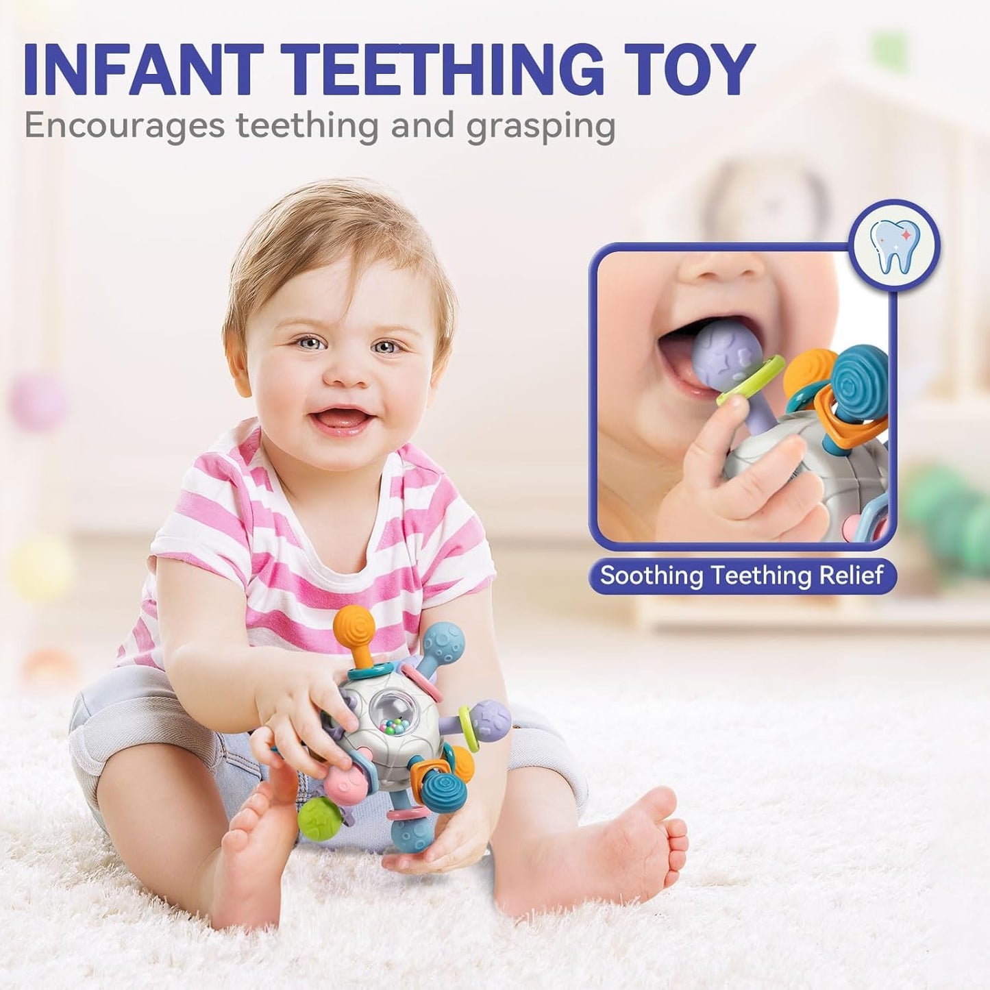 Jyusmile 5-in-1 Montessori Baby Toys (6–12 Months) – Travel Pull String, Rattle Teether & Blocks