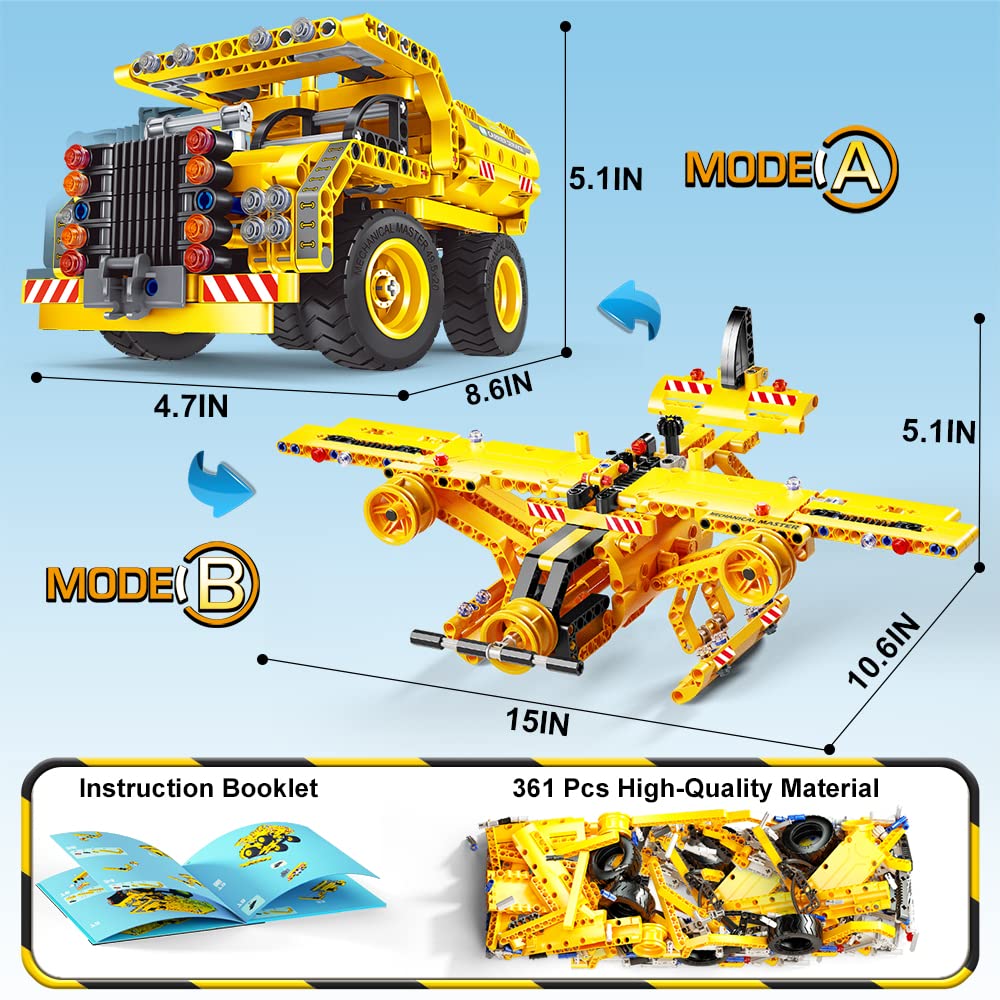 Jyusmile STEM Toy 2-in-1 Truck & Plane Building Kit – 361+ Pcs DIY Engineering for Kids 6-12