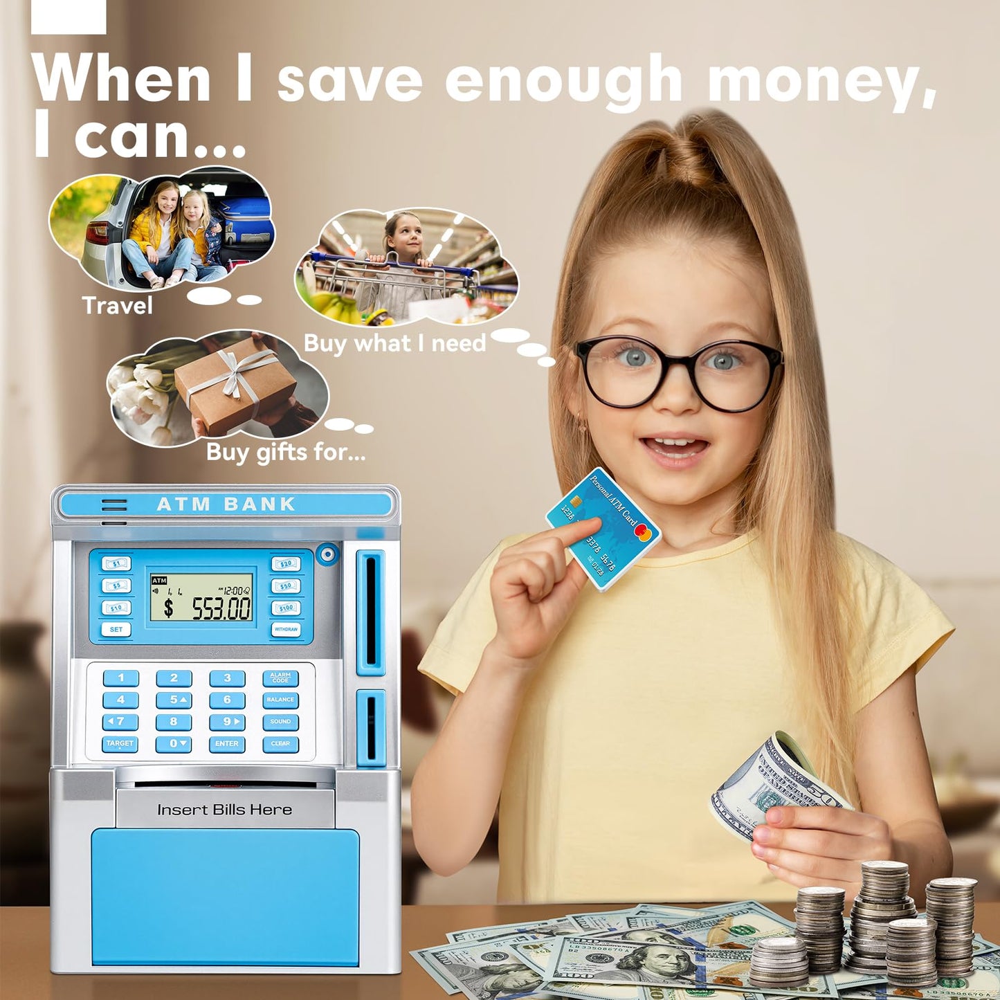 Jyusmile Blue Piggy Bank ATM for Kids – Real Money Savings with Debit Card & Balance Tracker