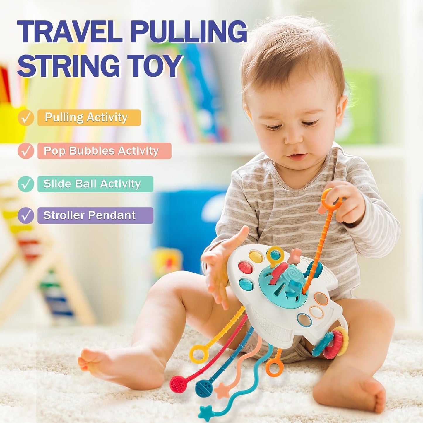 Jyusmile 5-in-1 Montessori Baby Toys (6–12 Months) – Travel Pull String, Rattle Teether & Blocks
