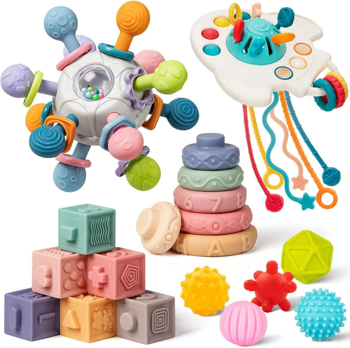 Jyusmile 5-in-1 Montessori Baby Toys (6–12 Months) – Travel Pull String, Rattle Teether & Blocks