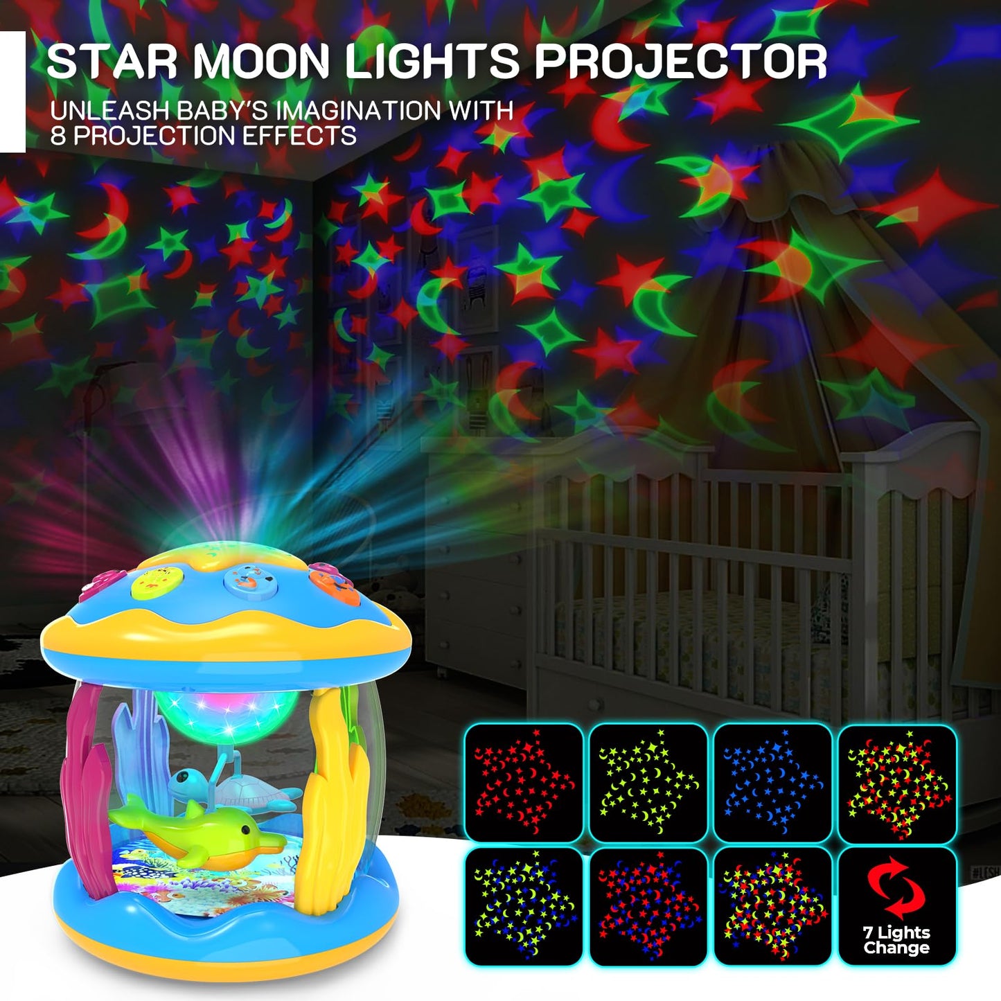 Jyusmile Baby Toys 6-12 Months | Musical Projector with Rotating Lights for Tummy Time & Early Learning