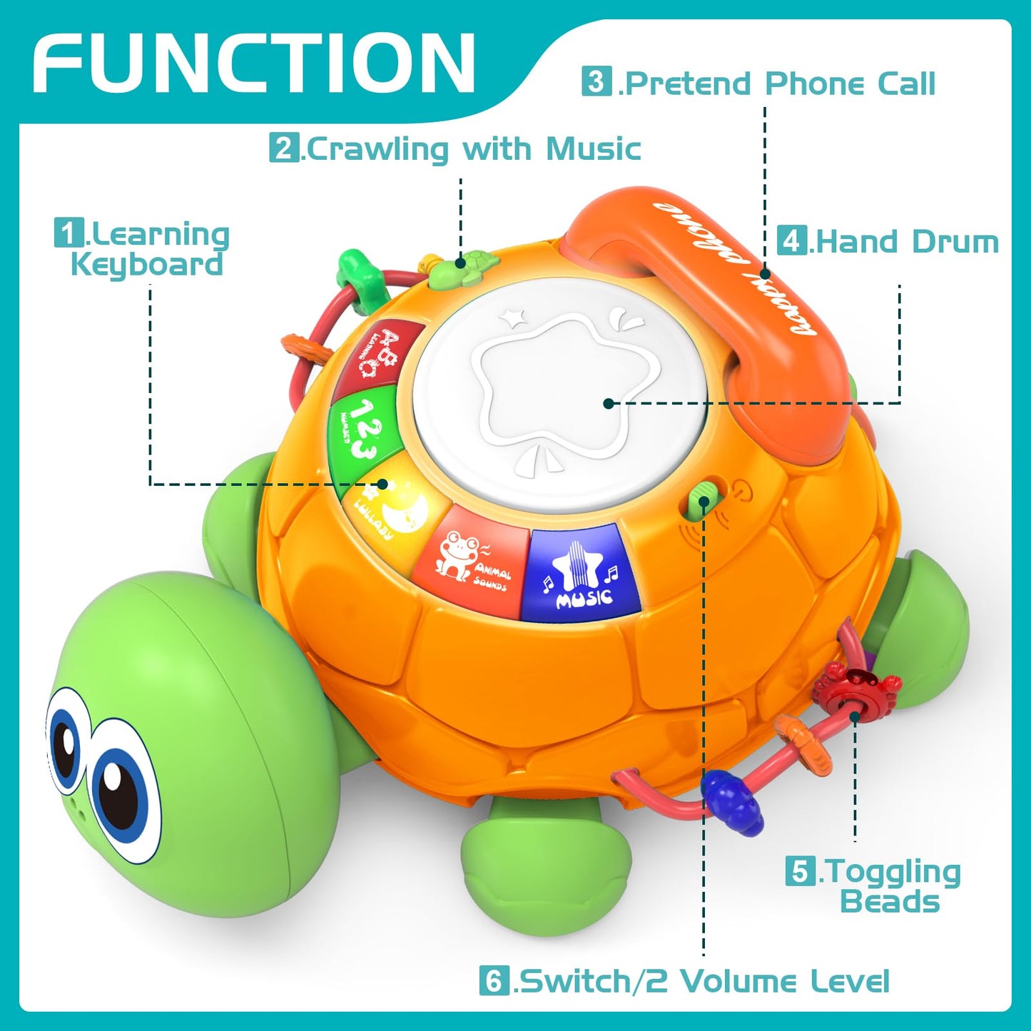 Jyusmile Musical Turtle Crawling Toy for 6-12 Months – Light & Sound Early Learning