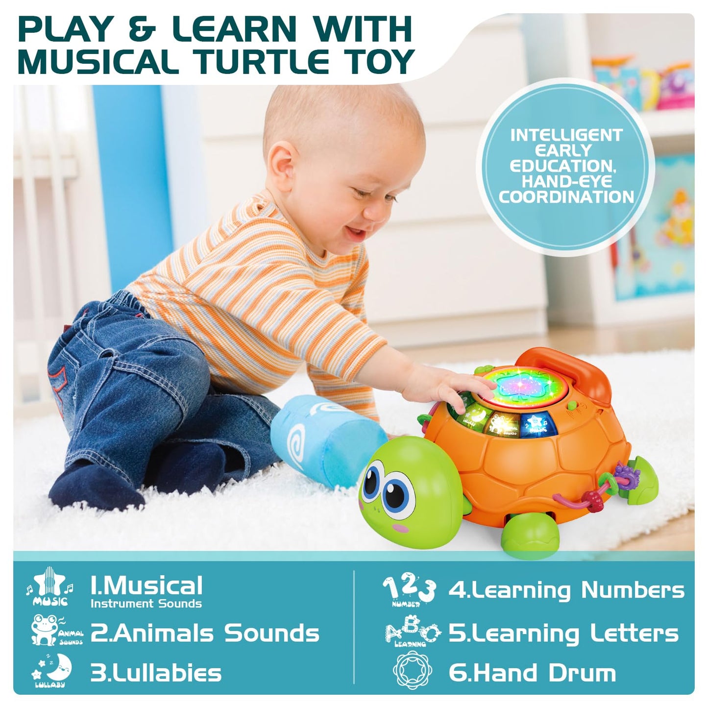 Jyusmile Musical Turtle Crawling Toy for 6-12 Months – Light & Sound Early Learning