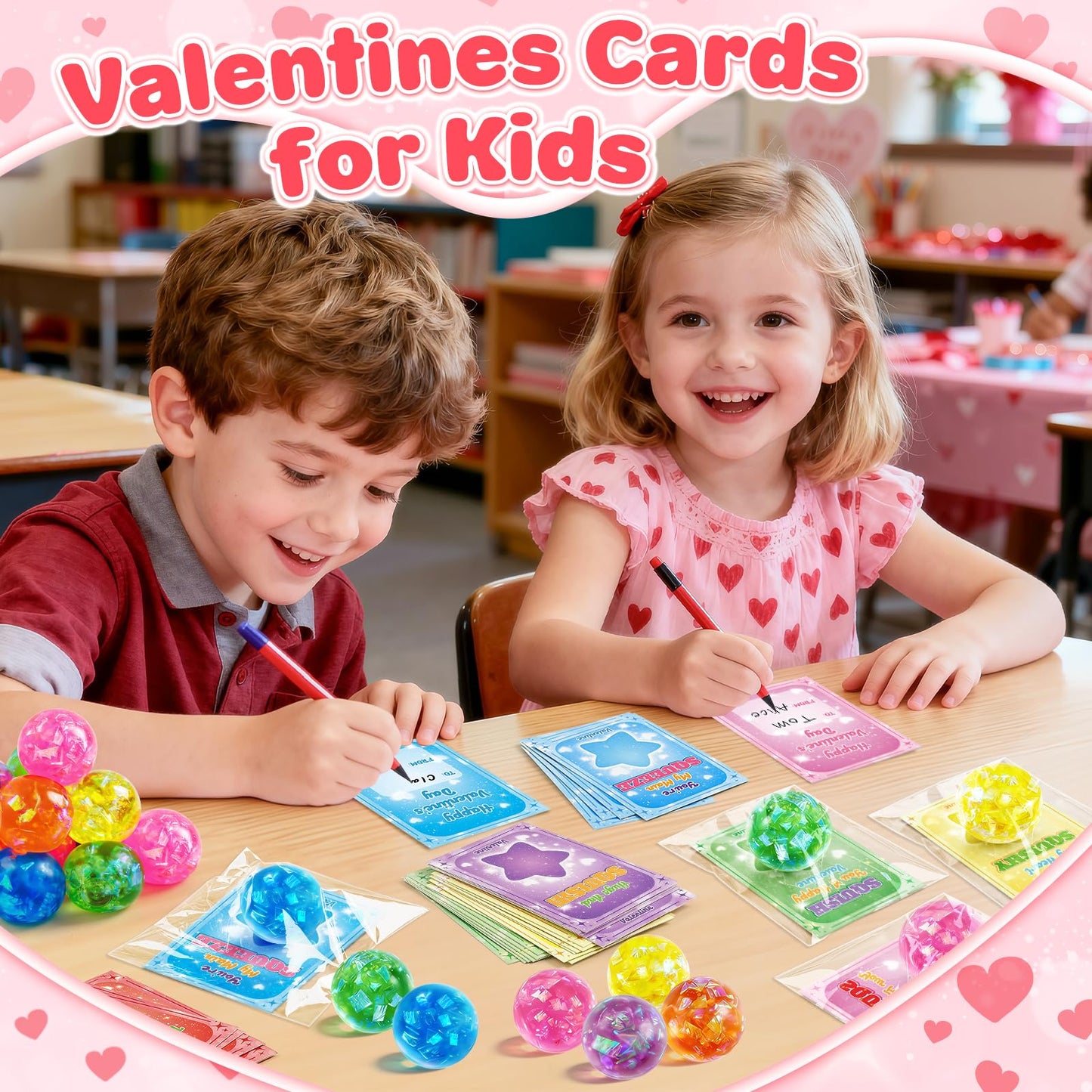 Jyusmile Valentines Day Cards for Kids School - 24 Glitter Stress Balls & Card Gift Pack