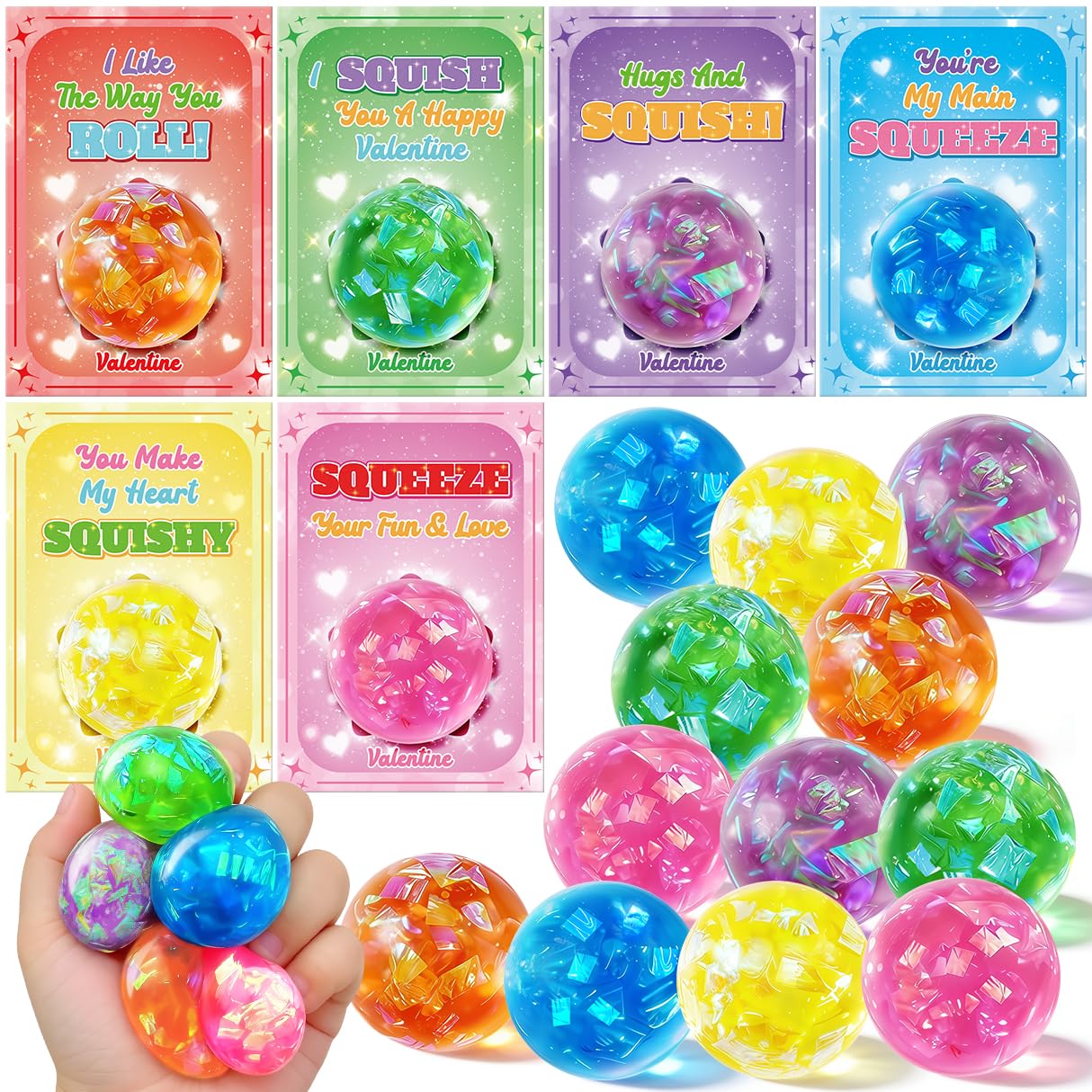 Jyusmile Valentines Day Cards for Kids School - 24 Glitter Stress Balls & Card Gift Pack
