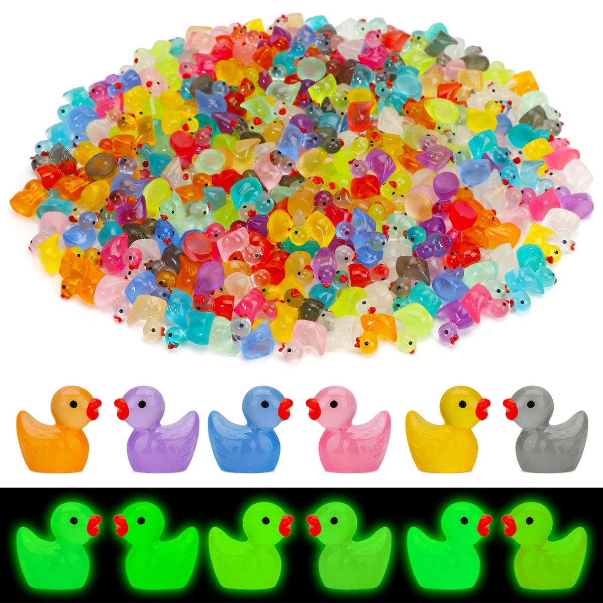 JYXT Glow in the Dark Mini Resin Ducks — 250 Pcs for Aquarium, Dollhouse & Micro Landscape