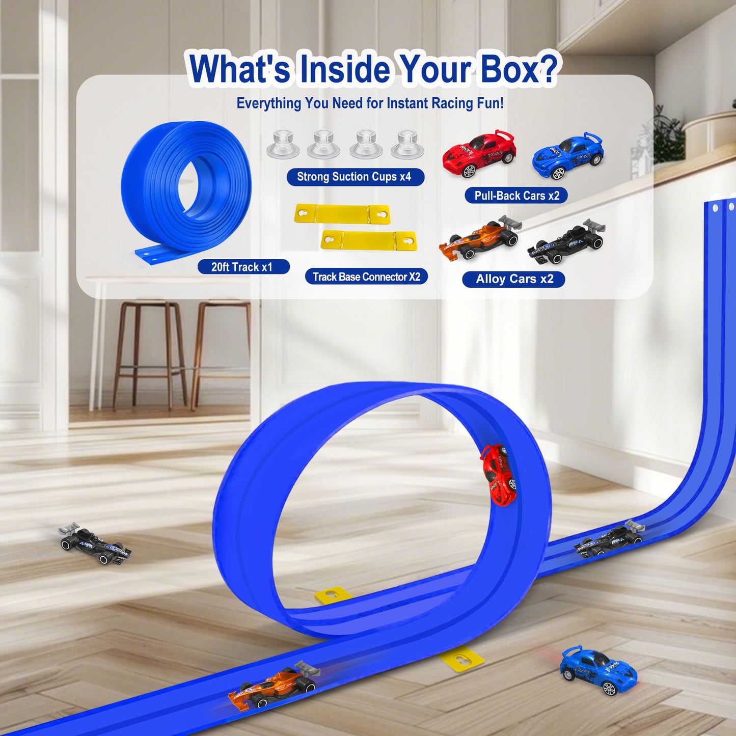 Jyyuehai Flexible Race Track for Kids - 20ft Roll-Up Track with Suction Cups | 1/64 Scale Compatible