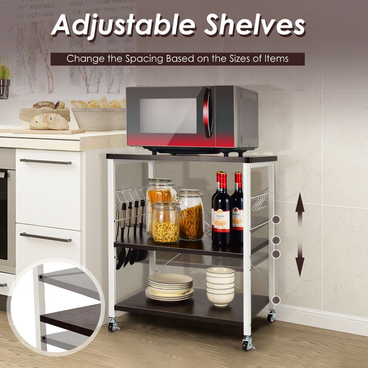 3 Tier Rolling Kitchen Baker's Rack with Adjustable Shelf and Hooks-Net Brown