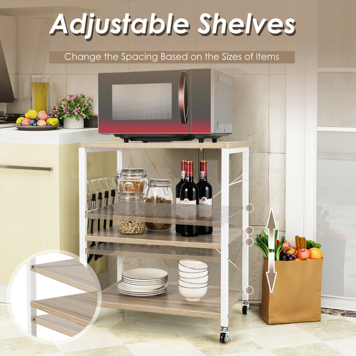 3 Tier Rolling Kitchen Baker's Rack with Adjustable Shelf and Hooks-Net Brown