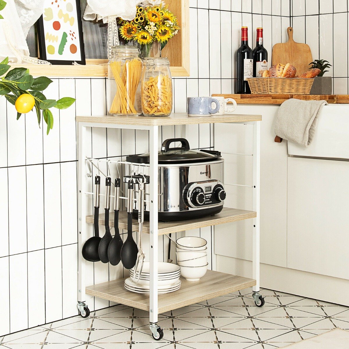 3 Tier Rolling Kitchen Baker's Rack with Adjustable Shelf and Hooks-Net Brown