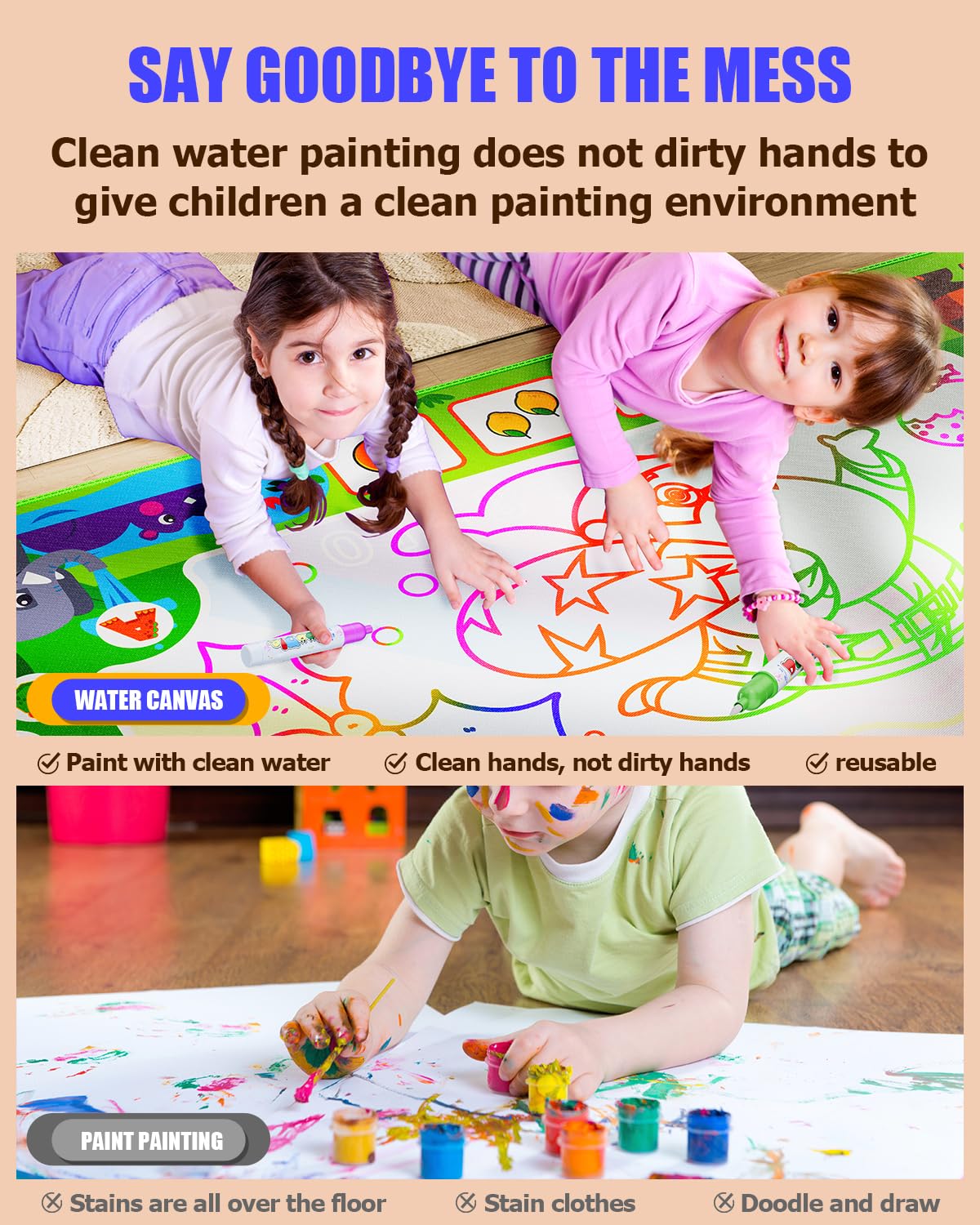 JZSIJ 2 in 1 Water Doodle Mat 60x40 in – Mess-Free, Educational Fun with Backpack