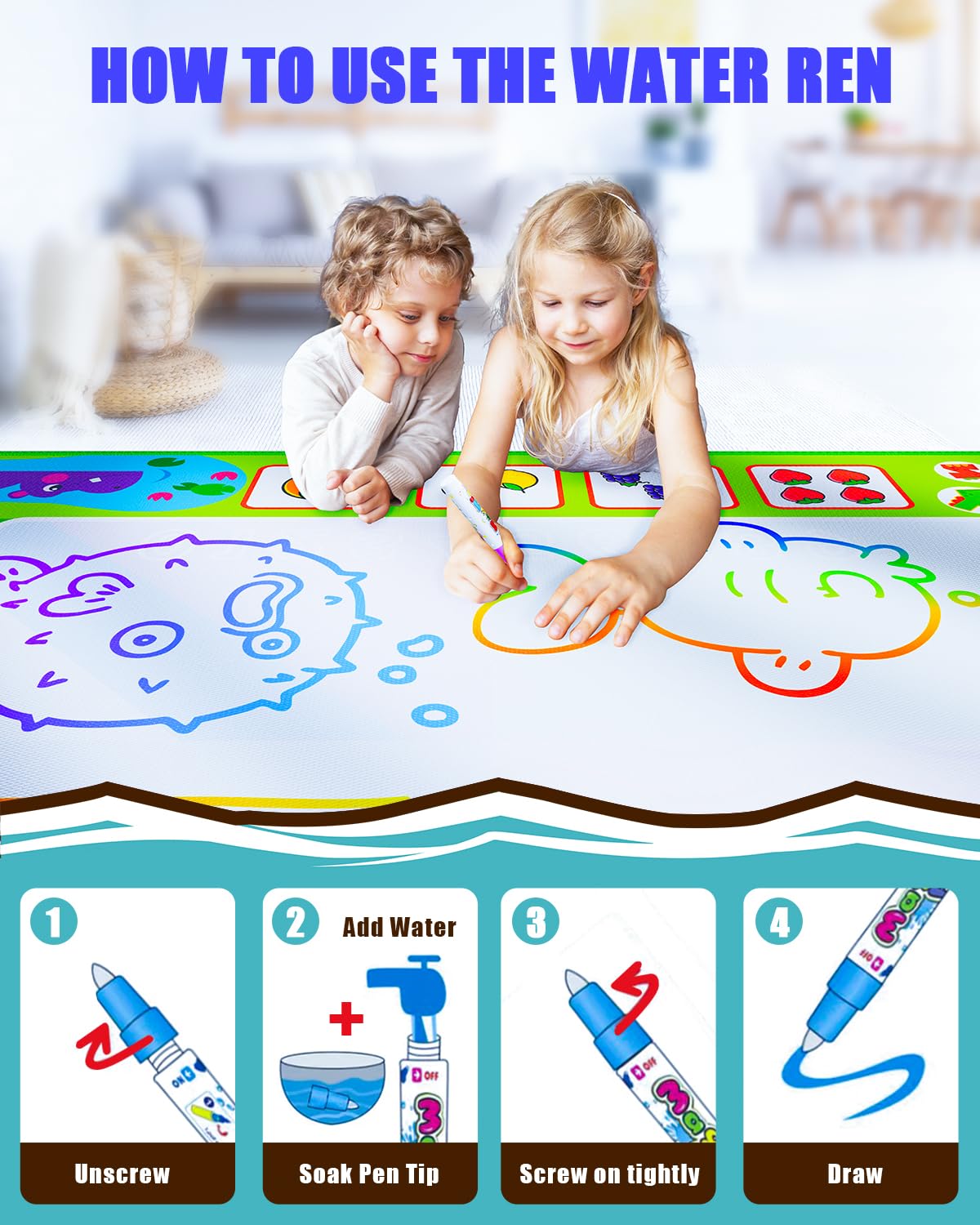 JZSIJ 2 in 1 Water Doodle Mat 60x40 in – Mess-Free, Educational Fun with Backpack