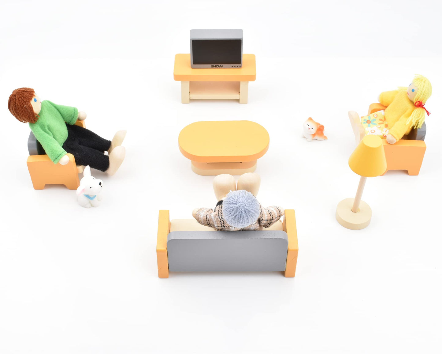 Jzszera Wooden Doll House Family Set – 8 Poseable Figures + 2 Pets