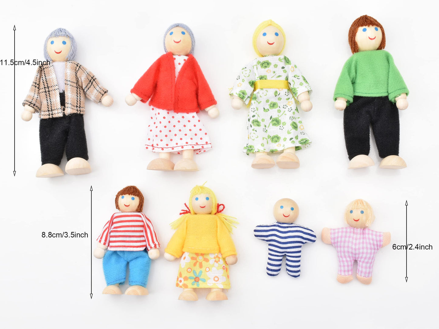 Jzszera Wooden Doll House Family Set – 8 Poseable Figures + 2 Pets