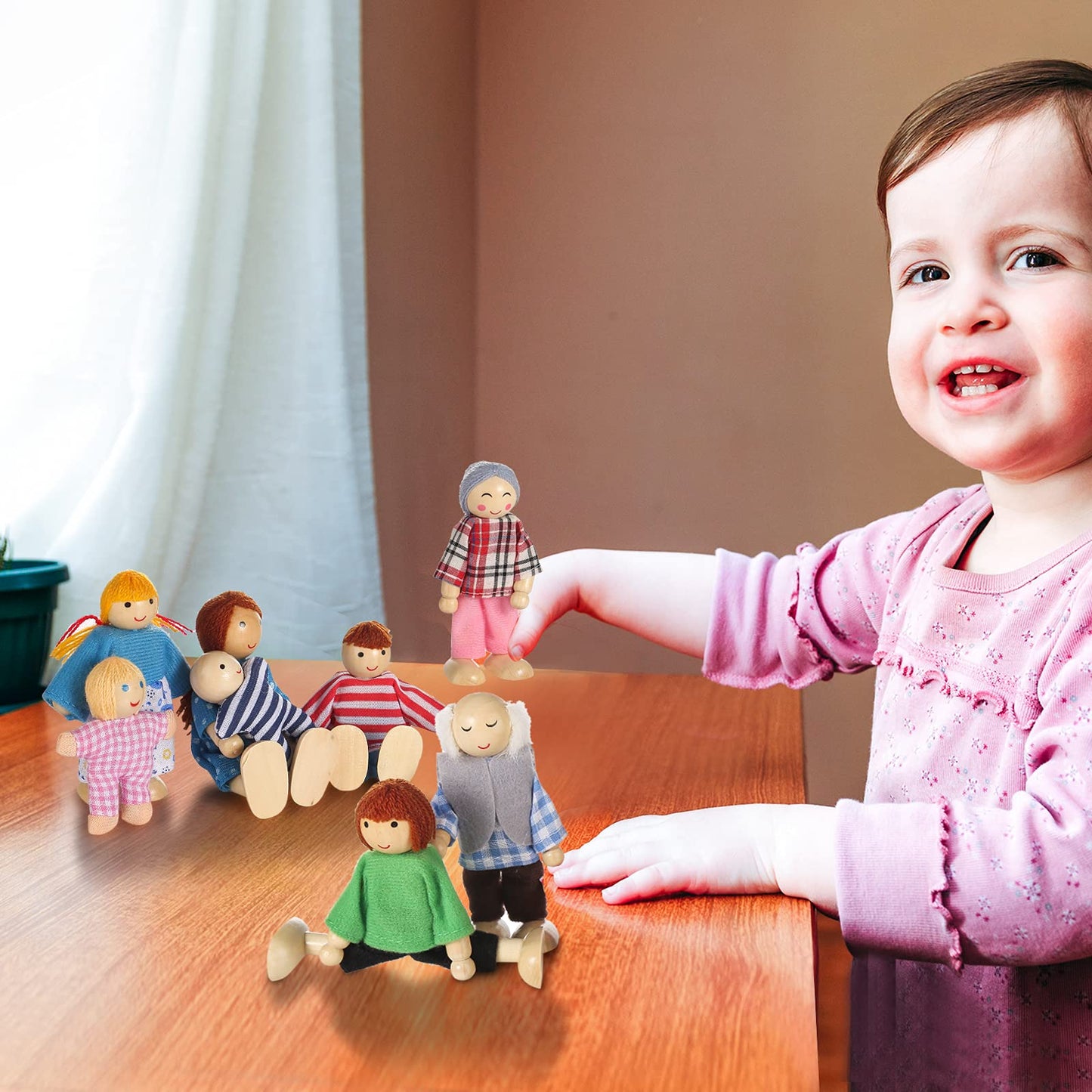 Jzszera Wooden Doll House People – 8-Piece Family Doll Set for Dollhouses