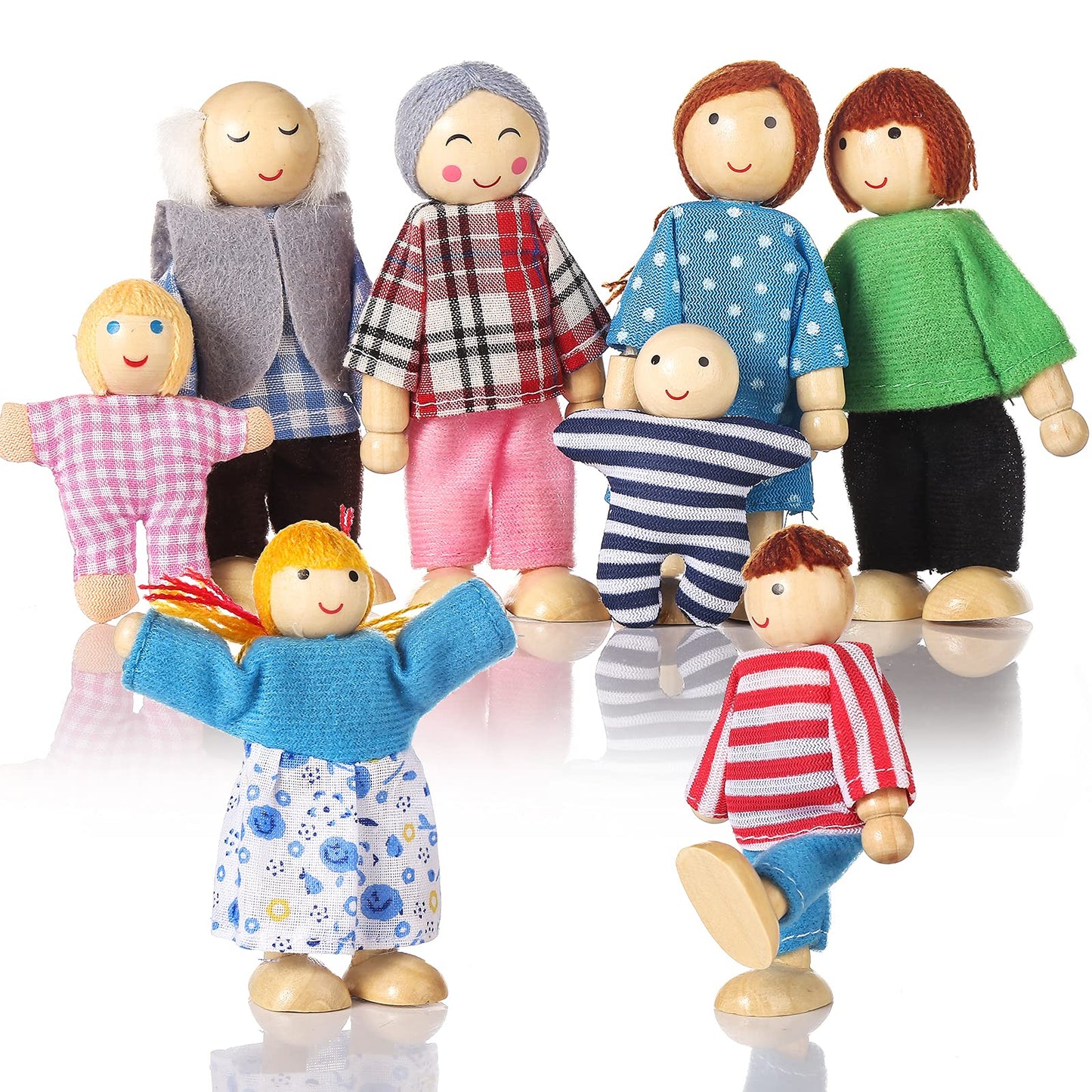 Jzszera Wooden Doll House People – 8-Piece Family Doll Set for Dollhouses