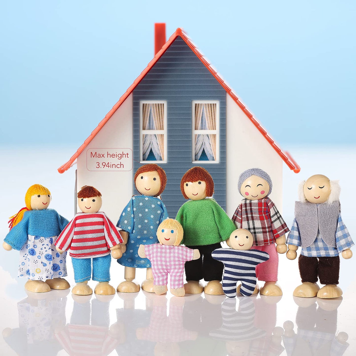 Jzszera Wooden Doll House People – 8-Piece Family Doll Set for Dollhouses