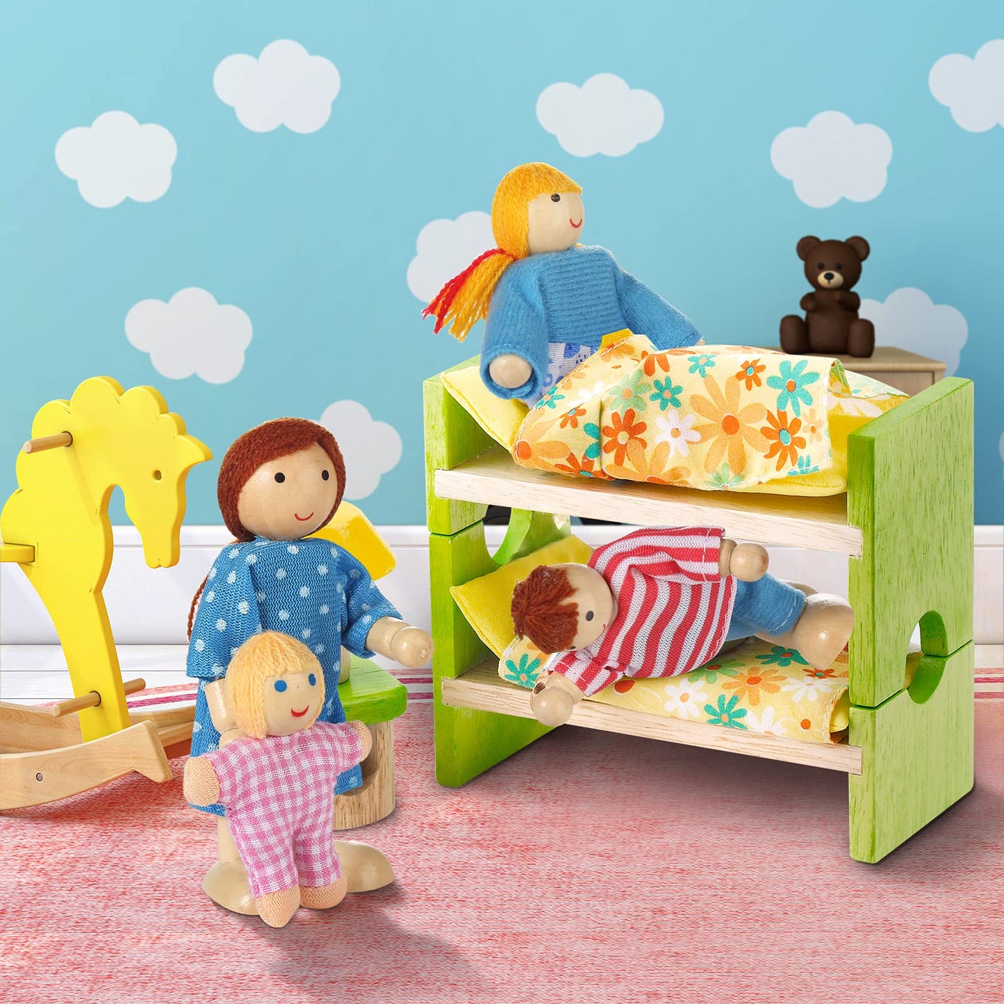 Jzszera Wooden Doll House People – 8-Piece Family Doll Set for Dollhouses